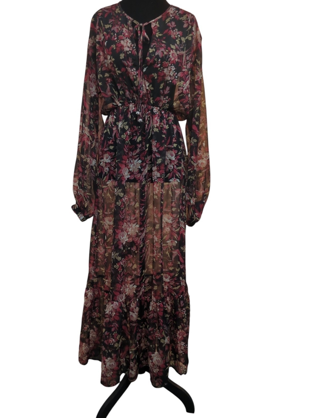 Sheer Floral Maxi Dress in Black and Pink